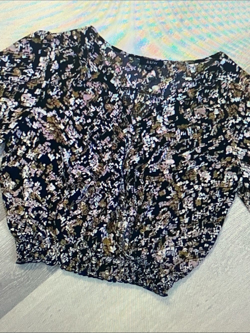 AUW Black Floral Short Sleeve Blouse with Pink and Olive Accents